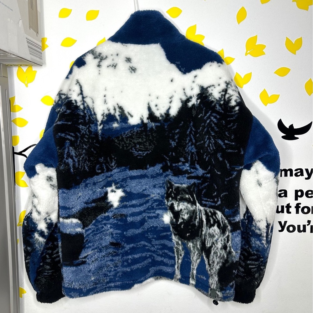 Zara Wolf Landscape Design Borg Teddy Mock Neck Full Zip Fleece‎ Jacket Size M - Picture 5 of 15